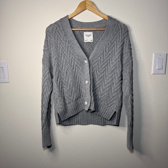 Abercrombie & Fitch Cardigan Sweater Women's LG Grey Chunky Knit Herringbone - Picture 1 of 6